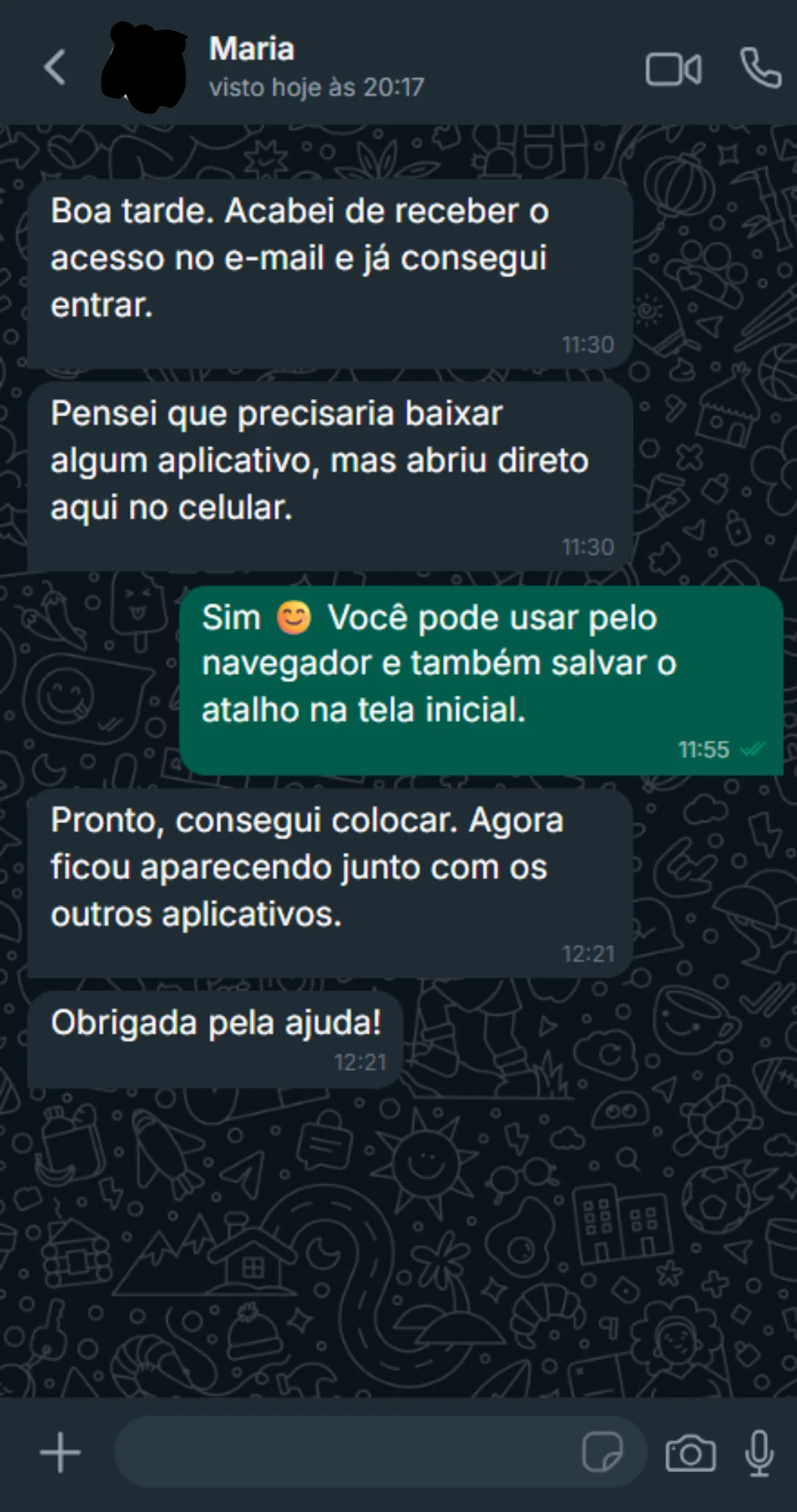 Depoimento de Maria sobre o recebimento do acesso por e-mail e o uso no celular